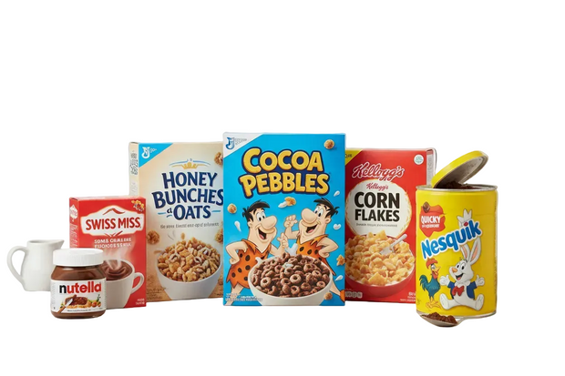 Assorted breakfast cereals and a jar of Nutella on a gray background